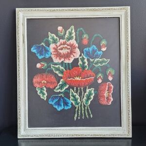 Framed Floral Poppy Bouquet Needlepoint Fiber Art Behind Glass
